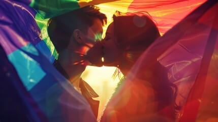 Passionate kiss between a young couple, enveloped in the vibrant colors of a pride flag, symbolizing love and acceptance (focus on, love theme, dynamic, Overlay, festival backdrop)