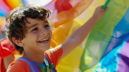 Photorealistic close-up of a young boy waving a rainbow flag, embodying the spirit of pride at an outdoor event (close up, spirit theme, dynamic, Fusion, carnival backdrop)
