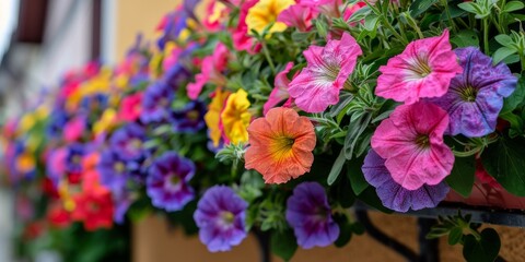 Vibrant Petunia Flowers Blooming on a Window Box in Summer