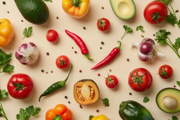 Creative cooking healthy organic food concept background made of colourful fruit and vegetables on beige background flat lay: tomatoes, peppers, avocado, onion, garlic top view with space for text.