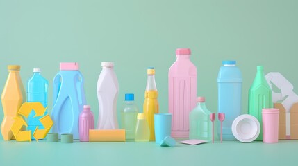 Recyclable plastic types in a flat design, front view, and 3D render with pastel colors. Great for waste reduction and eco-friendly themes