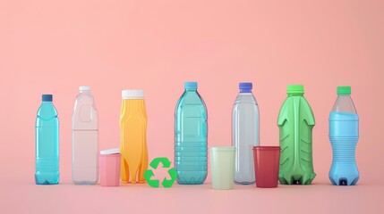 Recyclable plastic types in a flat design, front view, and 3D render with pastel colors. Great for waste reduction and eco-friendly themes
