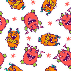 Kawaii cute party monsters. Seamless pattern. Happy birthday gifts, funny alien, greeting cake. Hand drawn style. Vector drawing. Design ornaments.