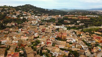 aerial view of old town Begur in Catalonia with hills around, Costa Brava, Girona, Catalonia, Spain