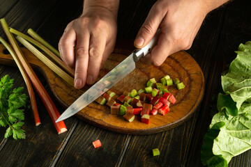 Cutting rhubarb plant stems for adding to vegetarian food. Work setup on kitchen counter.