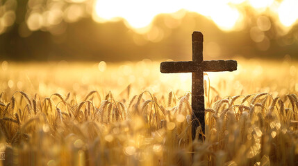 A Christian cross in a field of barley at harvest time, with the afternoon sun casting a warm golden bokeh through the swaying heads of barley, evoking a sense of abundance and gratitude.
