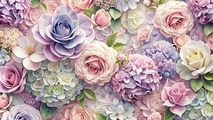 Delicate floral art wallpaper featuring hydrangea and rose flowers in pastel colors