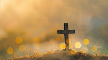 A Christian cross on a hill during a foggy morning, the sun breaking through the mist to create a radiant golden bokeh that envelops the cross in a soft, warm glow.