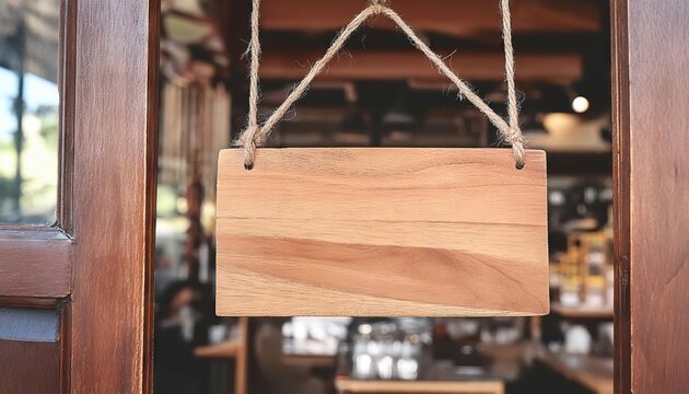 A blank wooden sign hangs at the entrance of a coffee shop