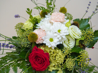 Bouquet of white, red, pink and green flowers