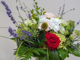Bouquet of white, red, pink and green flowers