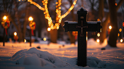 A Christian cross in a snowy park at night during the holiday season, with nearby holiday decorations casting a warm golden bokeh that contrasts with the cold white snow.