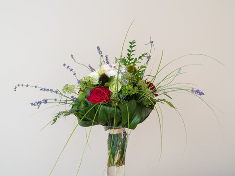 Bouquet of white, red, pink and green flowers