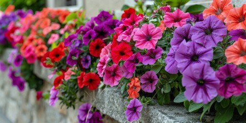 Colorful Petunias Blooming Along Stone Wall in European Town