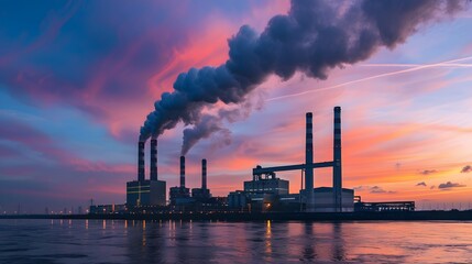 Winter sunset, silhouetted power plant with smoke from burned coal pipes visible