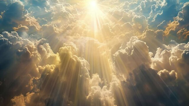 Beautiful sun rays shine through the clouds. Sunset. God light in heaven symbolizing divine presence, truth, spiritual illumination, God love and grace. Light beams blessing world with heavenly light