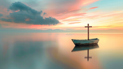 A Christian cross on a small boat floating in the middle of a serene lake during sunset, with the sky and water merging in a palette of soft, peaceful colors.