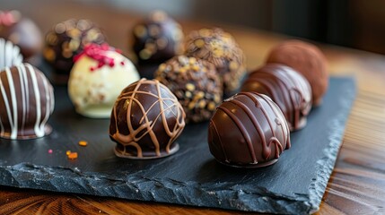 gourmet chocolate truffles on a slate plate