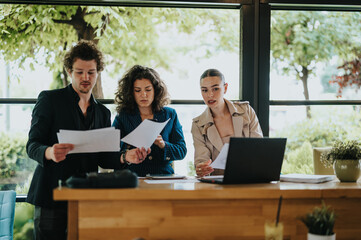 Young entrepreneurs working remotely at an urban coffee bar, analyzing reports and strategies for...