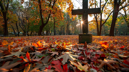 A Christian cross in a city park during fall, with fallen leaves in vibrant colors carpeting the ground around it, and a gentle sun filtering through the trees, creating a warm, inviting glow.