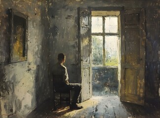 A Man Sitting in a Dark Room and Looking Out the Window