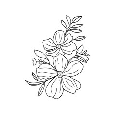 Minimalist Line Art,Hand-drawn Floral Icon Elements, Flowers in Outline  Logo Style, Summer,spring Flower Foliage in Decorative Vector Illustration.