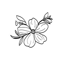 Vector Icon branch with flower and leafs decorative, Black and white leaves design, hand drawn plant. natural line style illustration.