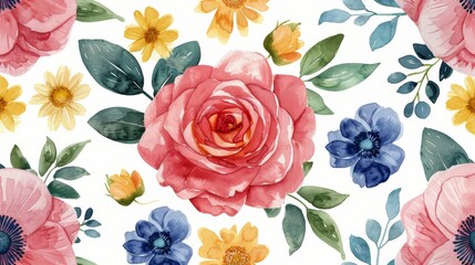 Watercolor Floral Pattern With Pink, Purple, and Orange Flowers
