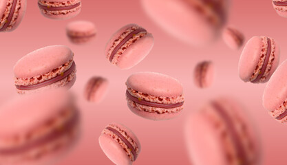 Pink macarons with raspberry filling levitate on a pink background