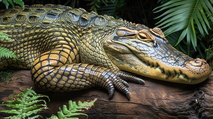 Fototapeta premium A statue of a crocodile resting atop a tree branch alongside a lush green foliage in a filled forest