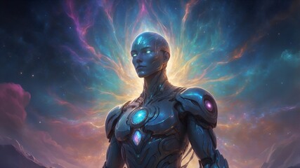 A shimmering silicon sentinel, its form constantly shifting and evolving, emanating an otherworldly allure.