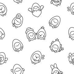 Cute kawaii boiled egg with funny faces. Seamless pattern. Coloring Page. Cartoon happy food characters. Hand drawn style. Vector drawing. Design ornaments.