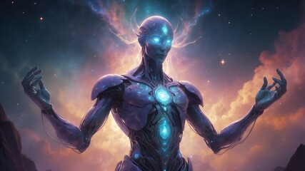 Fototapeta premium A shimmering silicon sentinel, its form constantly shifting and evolving, emanating an otherworldly allure.