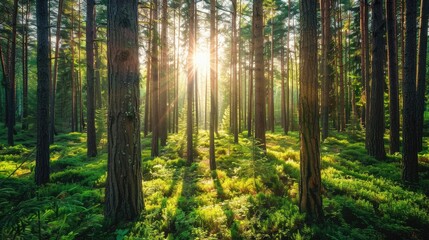 Lush green forest with sunlight filtering through tall trees