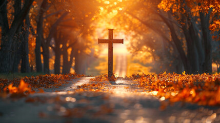 A Christian cross on a peaceful country road lined with autumn trees, the setting sun casting a golden bokeh through the leaves, creating a path of light leading to the cross.