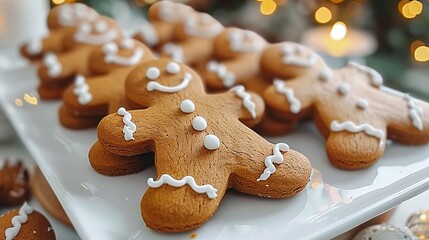   Close-up of gingerbreads with icing and decorations on a Christmas tree background