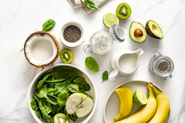 Fresh ingredients for cooking a green smoothie bowl of bananas, avocado, spinach, apple, kiwi, lime, coconut milk and chia seeds on a white marble background top view