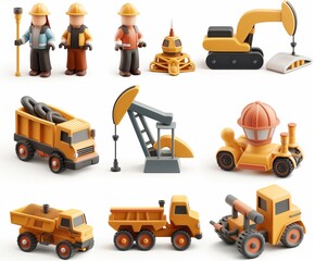 Set of cartoon construction workers with various construction vehicles and machinery, perfect for educational or playful themed projects.