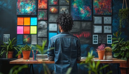 Person contemplating vivid artwork