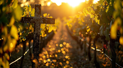 A Christian cross in a vineyard at sunset, with the backlighting from the sun casting a golden bokeh through the rows of vines, symbolizing growth and the divine.