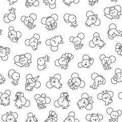 Cute kawaii mouse. Seamless pattern. Coloring Page. Cartoon happy baby rat characters. Hand drawn style. Vector drawing. Design ornaments.