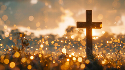 A Christian cross in a historical battlefield, with dawn breaking and the mist lifting to reveal a golden bokeh effect that symbolizes hope and remembrance.