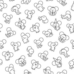 Cute kawaii mouse. Seamless pattern. Coloring Page. Cartoon happy baby rat characters. Hand drawn style. Vector drawing. Design ornaments.