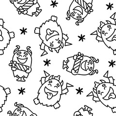 Kawaii cute party monsters. Seamless pattern. Coloring Page. Happy birthday gifts, funny alien, greeting cake. Hand drawn style. Vector drawing. Design ornaments.