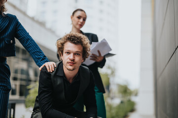 Young businesspeople in urban city setting with buildings in the background.