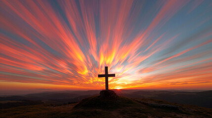 A Christian cross on a distant hilltop, backlit by a vivid sunset, with streaks of orange and pink light radiating across the sky, highlighting the cross's silhouette.