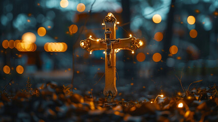 A Christian cross in an abandoned amusement park at night, with old carnival lights still working and casting a ghostly golden bokeh effect around the cross.