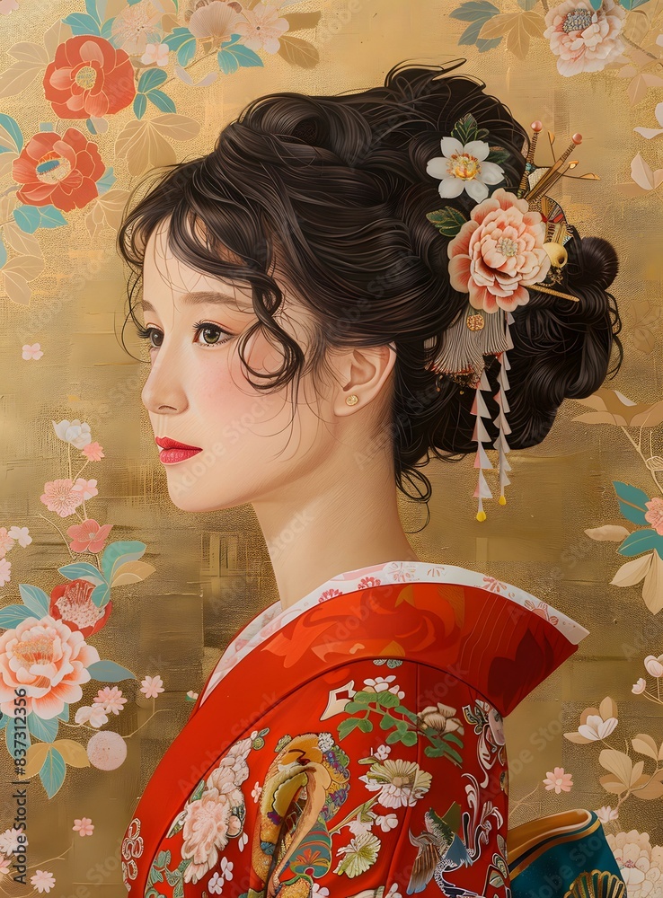 Poster Japanese Woman in Traditional Kimono with Floral Design