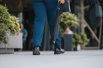 Low angle view of a business person in blue pinstripe trousers walking with an umbrella and...