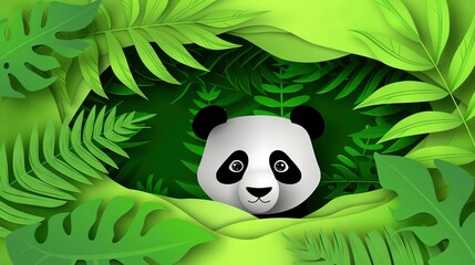 Fototapeta premium A panda bear peeks out from lush green leaves with its panda face in the center